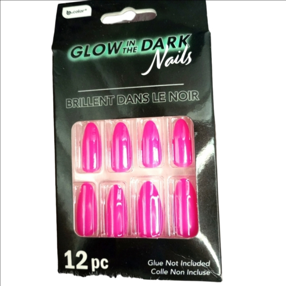 B Color Fuschia Almond Long False Nails Metallic Glow NWT